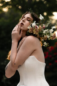 “Close-up of sculptural bouquet by Audrey Rose Floral with textured ivory gown, editorial bridal styling at Northampton House.”