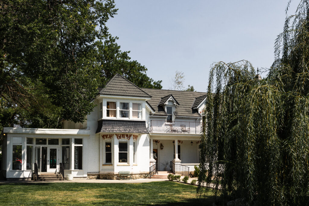 Historic wedding venue The Caledonia in Layton, Utah, with elegant architecture and garden courtyard